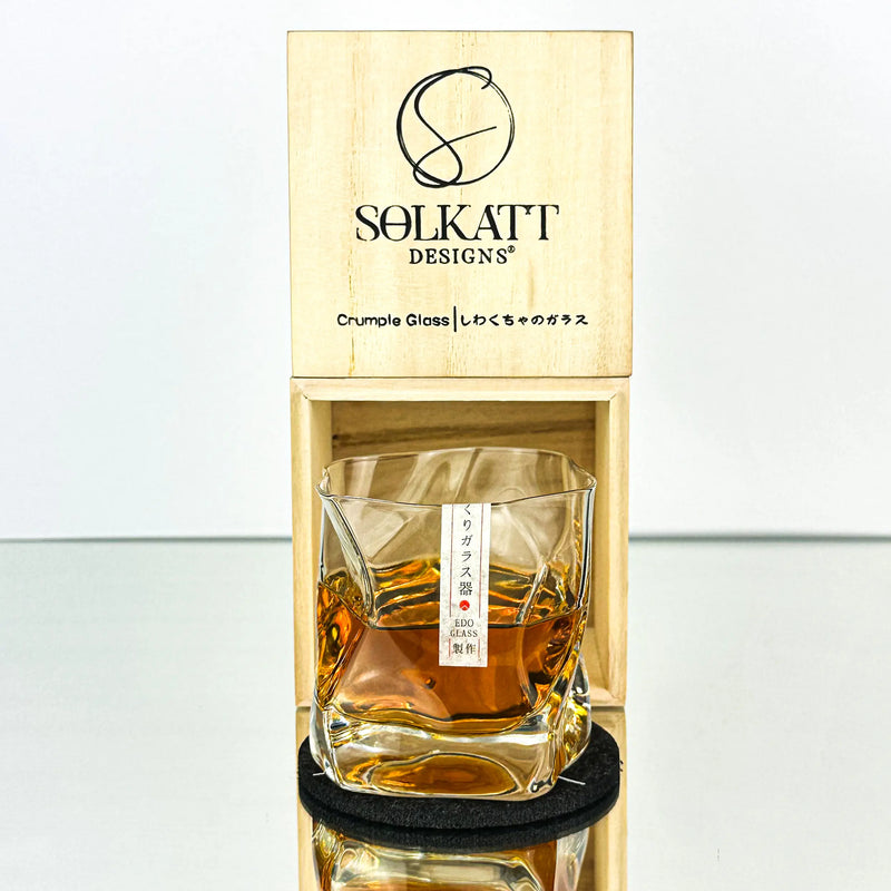 Crumple Japanese whisky Glass with box and coaster Solkatt Designs