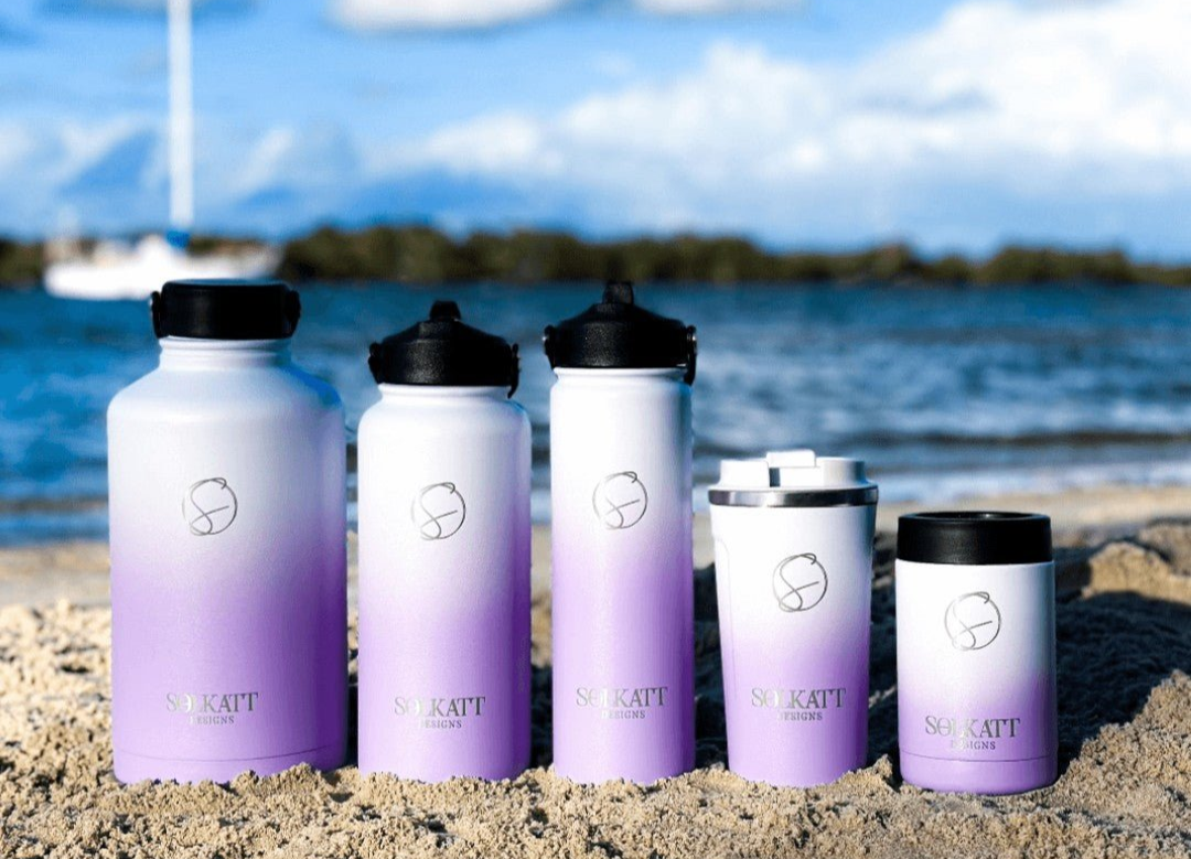 lilac purple water bottles insulated coffee cup stubby cooler Solkatt Designs