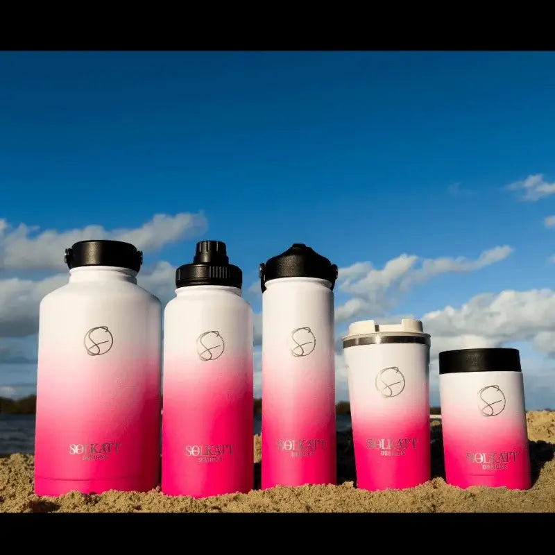 Hot pink water bottles travel cup and can bottle cooler Solkatt Designs