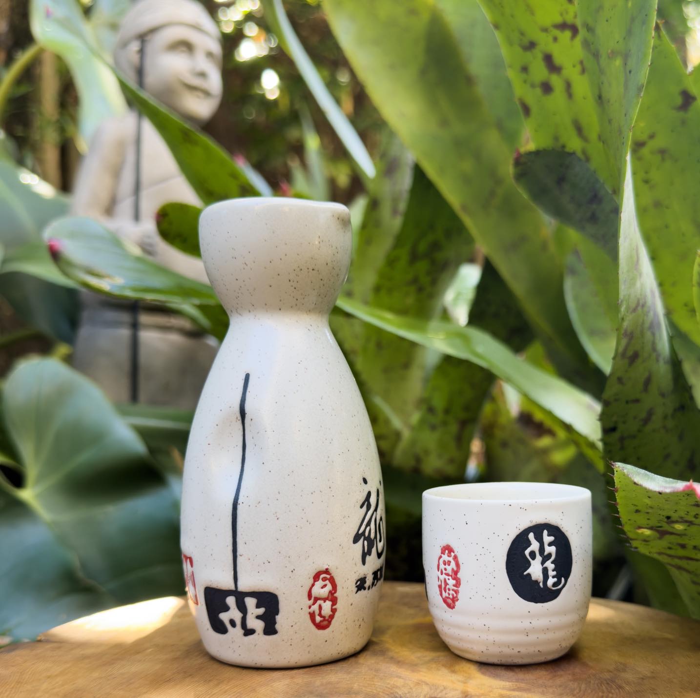 Ceramic Japanese Sake Bottle Cup Set Snowman Gold Scarf Design
